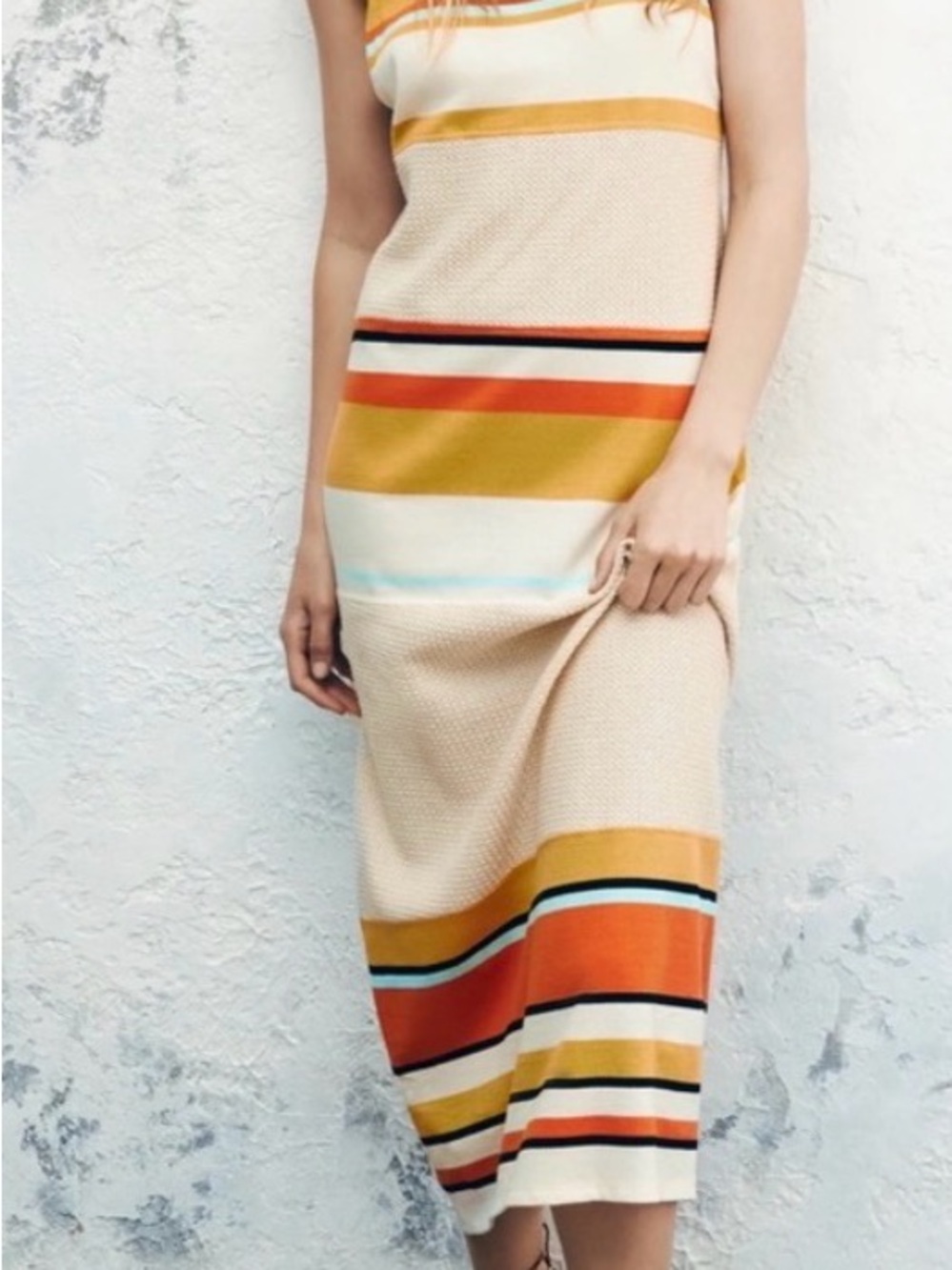 Zara Cream Midi Skirt with Mustard and Orange Stripes